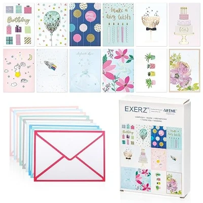 Imagen de Exerz 12 Tarjetas de felicitación Surtidas Multipack, Hechas a Mano, diseños Individuales para cumpleaños, Agradecimiento, día la Madre y en Blanco. Cada Tarjeta es única.