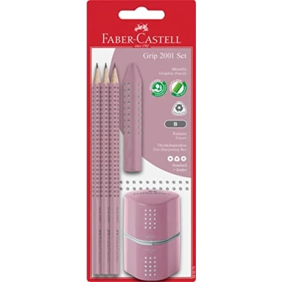 Imagen de Faber Castell 580073 Grip 2001 Juego de lápices (5 piezas, con 3 lápices, goma borrar y sacapuntas, sombras rosas)