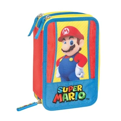 Imagen de Super Mario estuche escolar oficial Mario, con 3 compartimentos para niño y niña juego de papelería, bolígrafo borrable azul Frixion práctico cierre cremallera, 20 x 13 7