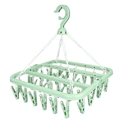 Imagen de Estante de secado calcetines, Tendedero ropa interior Colgante con 32 Clips, Plegable Secadora calcetín Gancho Giratorio a Prueba Viento para calcetines plantillas zapatos