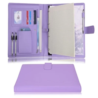 Imagen de Wonderpool A4 PU Cuero 4 Anillos Combo de Escritura Documentos Múltiples con Portapapeles Extraíble y Bolsillo Funcional para Organizador Oficina Viajes Escuela (Púrpura)