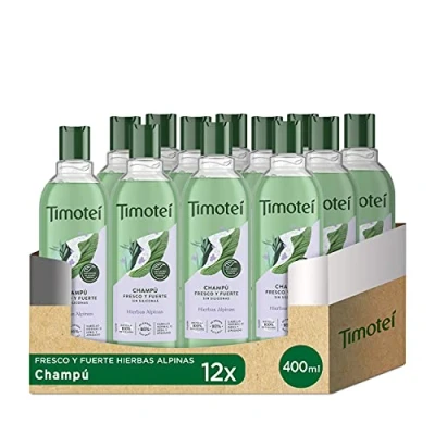 Imagen de Timotei Champú Fresco Y Fuerte Para Cabello Débil Apagado Con Extracto de Hierbas Alpinas Limpiadores Origen Vegetal 95% Ingredientes Natural Sin Siliconas 400 ml Pack 12