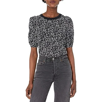 Imagen de Amazon Essentials Camiseta con Cuello Redondo, Manga Corta Abullonada y Corte Clásico Mujer, Negro Blanco Animales Abstracto, S