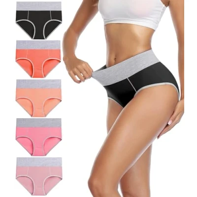 Imagen de wirarpa Bragas Talle Alto Algodón para Mujer Culotte Braguita de Cintura Alta Cómodo 5 Pack Multicolor Tamaño XL