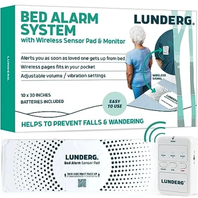Imagen de Lunderg alarma de cama para adultos mayores, almohadilla sensor inalámbrica (10 x 30 pulgadas) y localizador, pacientes con demencia ancianos, alarmas