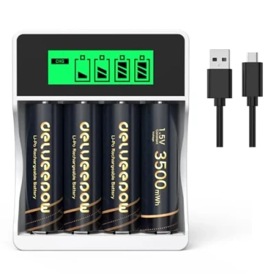 Imagen de Delyeepow Batería AA Recargable de Litio 1,5 V, 3500 mWh, 1500 ciclos, Pilas Recargables Litio, 4 Unidades con Cargador Inteligente LCD