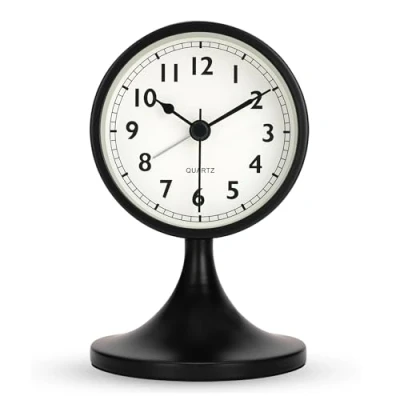 Imagen de Lafocuse Despertador Analogico con Función Snooze, Silencioso Reloj Mesa Metal Negro Retro, Clasico Sobremesa Vintage sin Tictac para Mesilla Dormitorio 13cm