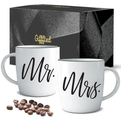 Imagen de Triple Gifffted Mr y Mrs Tazas parejas a conjunto,Caja De Regalo para Novios,Novias,Regalos original, Bodas, Aniversarios,nupical,desayuno, Románticos,San Valentín, Navidad,380 Ml, Juego 2 pack