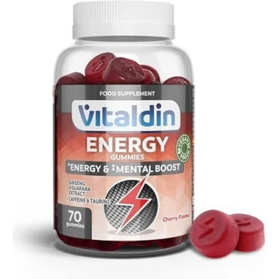 Imagen de VITALDIN Energy Gummies 70 Gominolas Energéticas con Ginseng, Guaraná, Cafeína &amp; Taurina Mejora la Concentración, Favorece el Rendimiento Físico y Mental Sabor Cereza Vegano