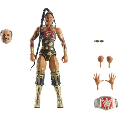 Imagen de WWE Mattel Elite Collection Figura de acción y accesorios, juego premium Bianca Belair para eventos en vivo, Wrestlemania con piezas Howard Finkel Build A Figure