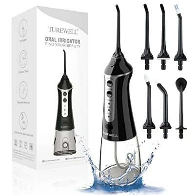 Imagen de TUREWELL FC1591 Irrigadores Bucales,Irrigador Dental Portatil con 5 Boquillas 3 Modos,IPX7 Impermeable,USB Recargable para Limpieza Dental, 300ML Irrigador Oral de Familia y Viajar Schwarz