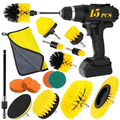 Imagen de BUOAZR 15 Piezas Cepillo Taladro, de Limpieza Electrico, Taladro Kit, Llantas, Juego Cepillos Adecuados para Baño, Alfombras, Azulejos, Cocina, Coche
