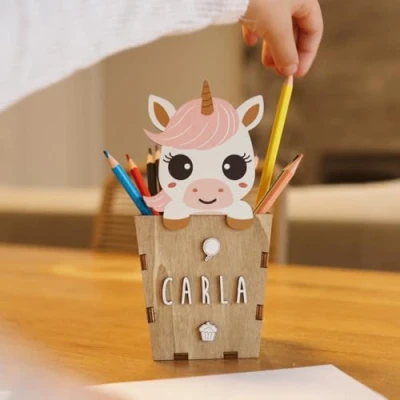 Imagen de WONDEE Portalápices de madera personalizado con nombre, organizador escritorio unicornio para niños, regalos cumpleaños la escuela accesorios niñas y