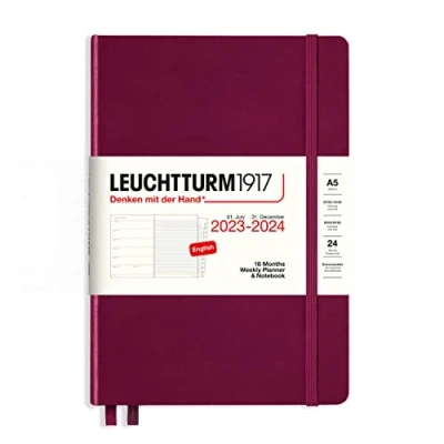 Imagen de LEUCHTTURM1917 367686 Planificador semanal y cuaderno mediano (A5) 2024, 18 meses, rojo puerto, inglés