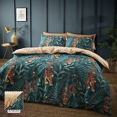 Imagen de Catherine Lansfield Juego de Funda edredón Reversible con Fundas Almohada, diseño Hojas Tigre Tropical, Color Verde