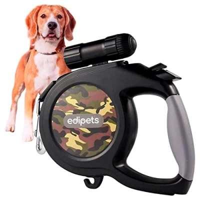 Imagen de Edipets, Correa Perro Extensible, 8 Metros, Larga, con Linterna LED, Retráctil, Cinta Flexible para Adiestramiento y Paseo, Diseño Militar de Camuflaje.