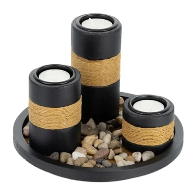 Imagen de Relaxdays Set Portavelas con Bandeja y Piedras Decorativas, Ø 19,5 cm, 3 Velitas, Decoración de Mesa, Negro/Marrón, Tablero Fibras