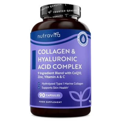 Imagen de Colageno Marino y Acido Hialuronico Complex con Magnesio + Vitamina C D B12 Zinc A Coenzima Q10 90 Cápsulas para 3 Meses Nutravita