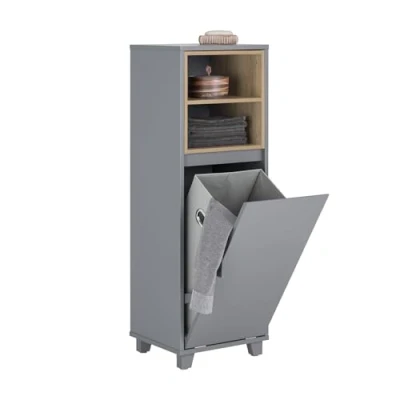 Imagen de SoBuy Armario de Suelo para Baño con 2 Estantes Abiertos Mueble Columna 1 Cesto Ropa Sucia 35 x 30 105 cm Gris BZR146 DG ES