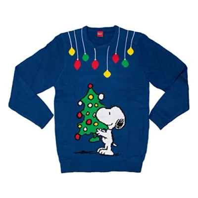 Imagen de The Peanuts Jersey de Navidad Unisex Snoopy Winter Strick Sudadera Ugly Christmas Sweater para Hombre y Mujer azul, S