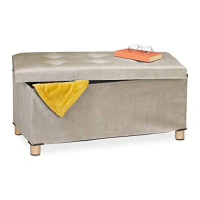 Imagen de Relaxdays Banco Almacenaje, Acolchado, Terciopelo, Patas Madera, hasta 120 kg, Plegable, 34 x 76 38 cm, Crema, 34x76x38 cm