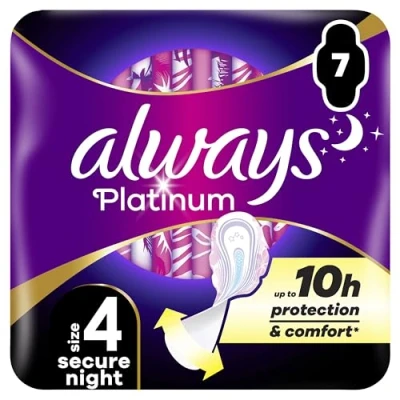 Imagen de Always Platinum Secure Night Toallas higiénicas (talla 4), diseño de alas, 7 unidad (Paquete 1)