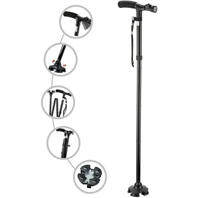 Imagen de Palillo plegable con lámpara LED, bastón ajustable y para hombres mujeres, ancianos, mango en T cojín de asiento cuatro pies giratorios..