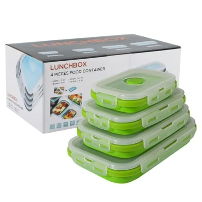 Imagen de Beeptrum Recipiente de silicona plegable con tapa, fiambrera portátil para picnic al aire libre que ahorra espacio, apto microondas, lavavajillas y congelador, juego 4(Verde claro)