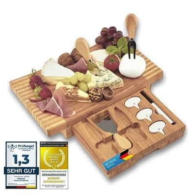 Imagen de Dimono® Lujo Tabla de quesos con 3 Cuchillos Queso; Juego para Cortar Queso Madera bambú cubertería Servir, Disfrutar y experimentar