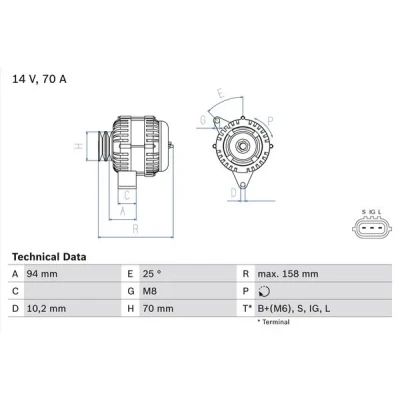 Imagen de BOSCH 0 986 045 891 Alternador 14V 70A TOYOTA: Land Cruiser Prado 90, HILUX 6 Pick up, 5 up