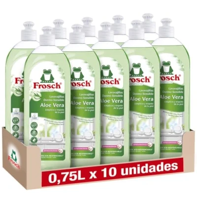 Imagen de Frosch Lavavajillas a Mano Líquido Loción Ecológico Aloe Vera, Dermo sensible, Limpieza eficaz y protege la piel Pack de 10 ud x 750 ml