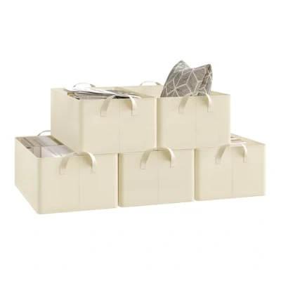 Imagen de WOLTU Juego de 5 Cajas Plegables,Cajas Almacenamiento Plegables, Organizadoras Tela con Asas, Almacenaje para Ropa y Juguetes en Armarios, Crema, 47x28x20 cm