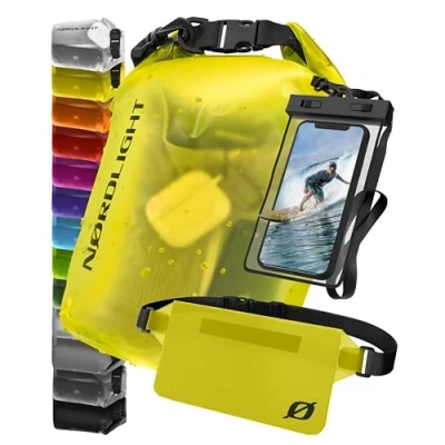 Imagen de Nordlight Juego de 3 Bolsas Impermeables (Amarillo) Dry Bag 20L + Funda Impermeable para teléfono móvil riñonera protección IPX8 con Correas Ajustables Playa Paddling