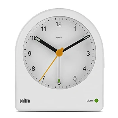 Imagen de Braun Classic Analogue Alarm Clock with Snooze and Continuous Backlight, Quiet Quartz Movement, Crescendo Beep in White, Model BC22W.
