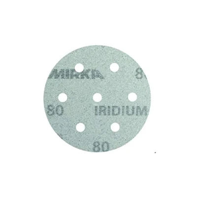 Imagen de Mirka Iridium papel de lija Premium Ø 90mm Velcro 7 agujeros, grano 80, 50 piezas / Para lijar laca, masilla, imprimación, madera, acero, materiales minerales, plásticos