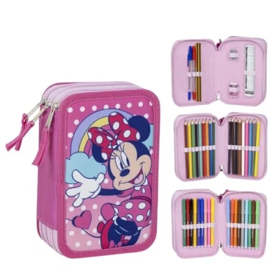 Imagen de Estuche Escolar Infantil de Minnie Mouse Color rosa Cierre Cremallera 12,5 x 6,5 19,5 cm Triple Compartimento Incluye Accesorios Producto Original Diseñado en España