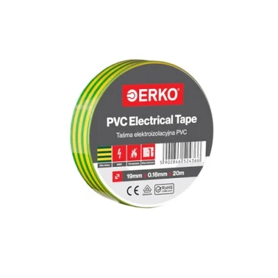 Imagen de ERKO Cinta aislante Amarillo verde PVC 19mm x 20m Reparación de conductos eléctricos, Alta flexibilidad con fuerte adhesión, Resistente a productos químicos, Cloruro Polivinilo