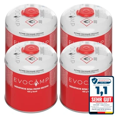 Imagen de EVOCAMP 4X Cartucho de Gas Propano Butano 450g, Rosca Europea 7/16&quot;, Botellas para Camping 809ml, bombona Gas, Puede Utilizarse barbacoas Weber la Serie Q100/1200
