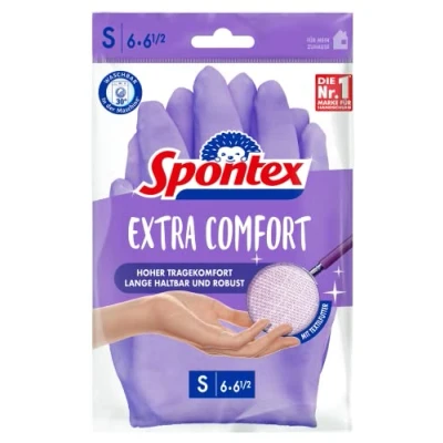 Imagen de Spontex Guantes para el hogar extra cómodos con forro textil suave, ideales todos los trabajos de limpieza del hogar, lavables a 30 C, talla S (6 6, 5), 1 par, color morado, (1 par)