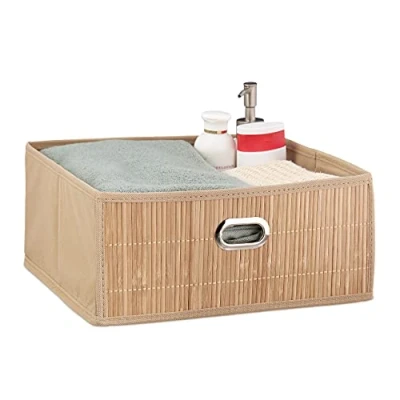 Imagen de 1 Cesto Almacenaje Bambú, Cesta Cuadrada Tela Baño, Caja Estante, 14 x 31 cm, Plegable, Marrón Natural