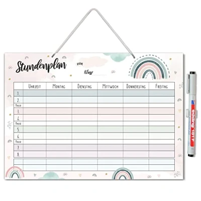 Imagen de younikat Calendario de horas lavable para colgar, diseño arcoíris, incluye bolígrafo regrabable, escuela primaria, niños y niñas, dv_1102