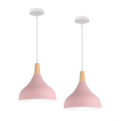 Imagen de Hongho Lamparas Techo Colgantes Moderno E27 Lampara Salon Techo,Ø20 cm Pantalla Metal Madera,Luz Colgante Comedor (2pcs Rosa)