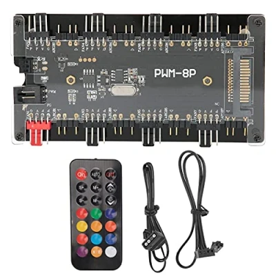 Imagen de Caja Fan Hub PWM + ARGB Controlador 2 en 1, alimentación SATA control de placa base y mando a distancia, para ventilador refrigeración ordenador