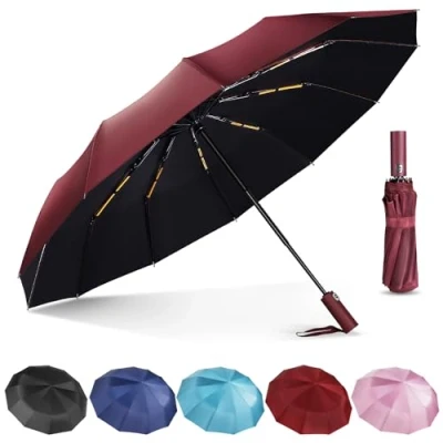 Imagen de Lychico paraguas de viaje resistente al viento, plegable automático compacto para lluvia, 12 varillas resistentes portátil uso con una sola mano, pequeño, ligero,