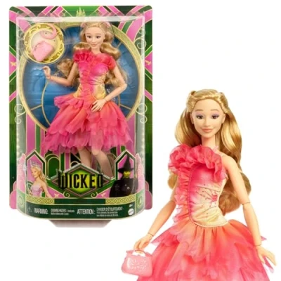 Imagen de Mattel Wicked Glinda Muñeca de moda con el pelo rubio y un conjunto elegante quita pon, articulada, incluye accesorios, HXT63