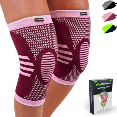 Imagen de 2 Rodilleras Deportivas de Compresión Hombre/Mujer Elásticas para Menisco y Ligamento Correr, Baloncesto, Crossfit, Trabajo Transpirable Antideslizante (Burdeos, Large)