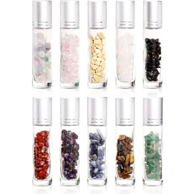 Imagen de Parfumlism 10 Pcs Botellas Roll On Cristal para Aceites Esenciales,10ml Botella de Vidrio Rodillos con Grava Cristal,para Esenciales, Masajes, Aromaterapia