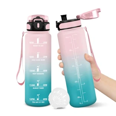 Imagen de Botella Agua, 500ML Libre de BPA, Agua Gimnasio, Diseño Cerradura a Prueba Fugas, Botellas Con Marca Tiempo, para Niños Escuela, Deportes RosaCian