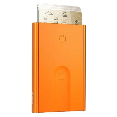 Imagen de Portatarjetas de Aluminio Slider Ögon Design Bloqueo RFID La Cartera automática Minimalista Delgada Original para Hombres y Mujeres (Naranja)