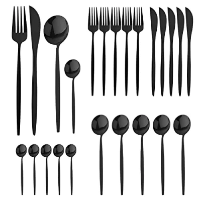 Imagen de 24 Piezas Cubiertos Negros Juego de Acero Inoxidable Cuberterias Completas 6 Personas con Cuberteria Tenedores Cuchillo Cuchara Acabado Pulido Brillante Apto para Lavavajillas Negro